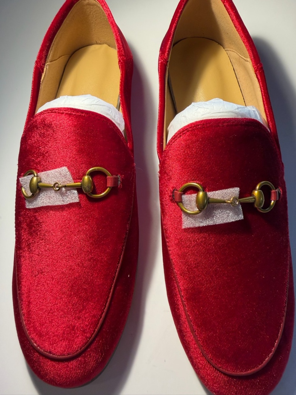 Red Velvet Loafers with Brass Bit Detail